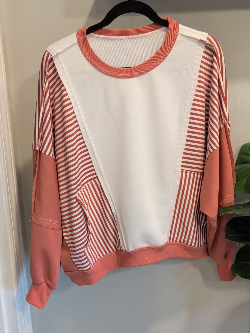 Striped White and Coral Panel Pullover Sweater